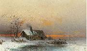 wilhelm von gegerfelt Winter picture with cabin at a river oil on canvas